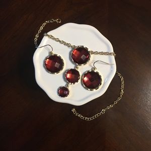 Gold-Toned and Red Rhinestone Necklace and Earrings Set